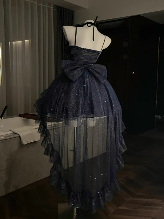 Vestido de fiesta con tirantes finos, estilo gótico azul marino, para 8.º grado, de cóctel, para secundaria, estilo Hoco, estilo Lolita, DH1621