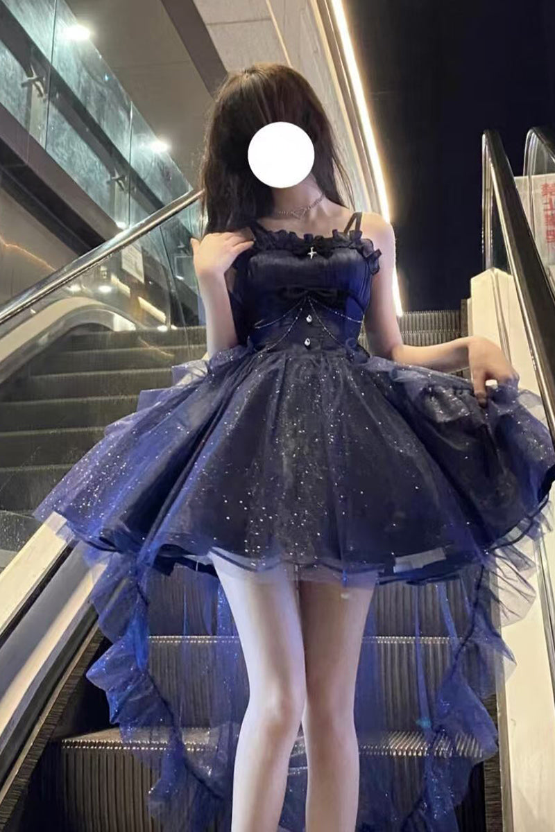 Vestido de fiesta con tirantes finos, estilo gótico azul marino, para 8.º grado, de cóctel, para secundaria, estilo Hoco, estilo Lolita, DH1621