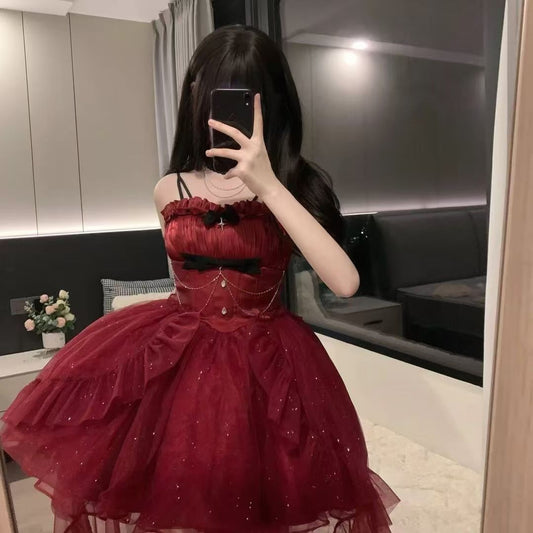 Vestido gótico de fiesta con tirantes finos en color burdeos, estilo gótico, para 8.º grado, de cóctel, para secundaria, estilo Hoco, lolita, DH1623