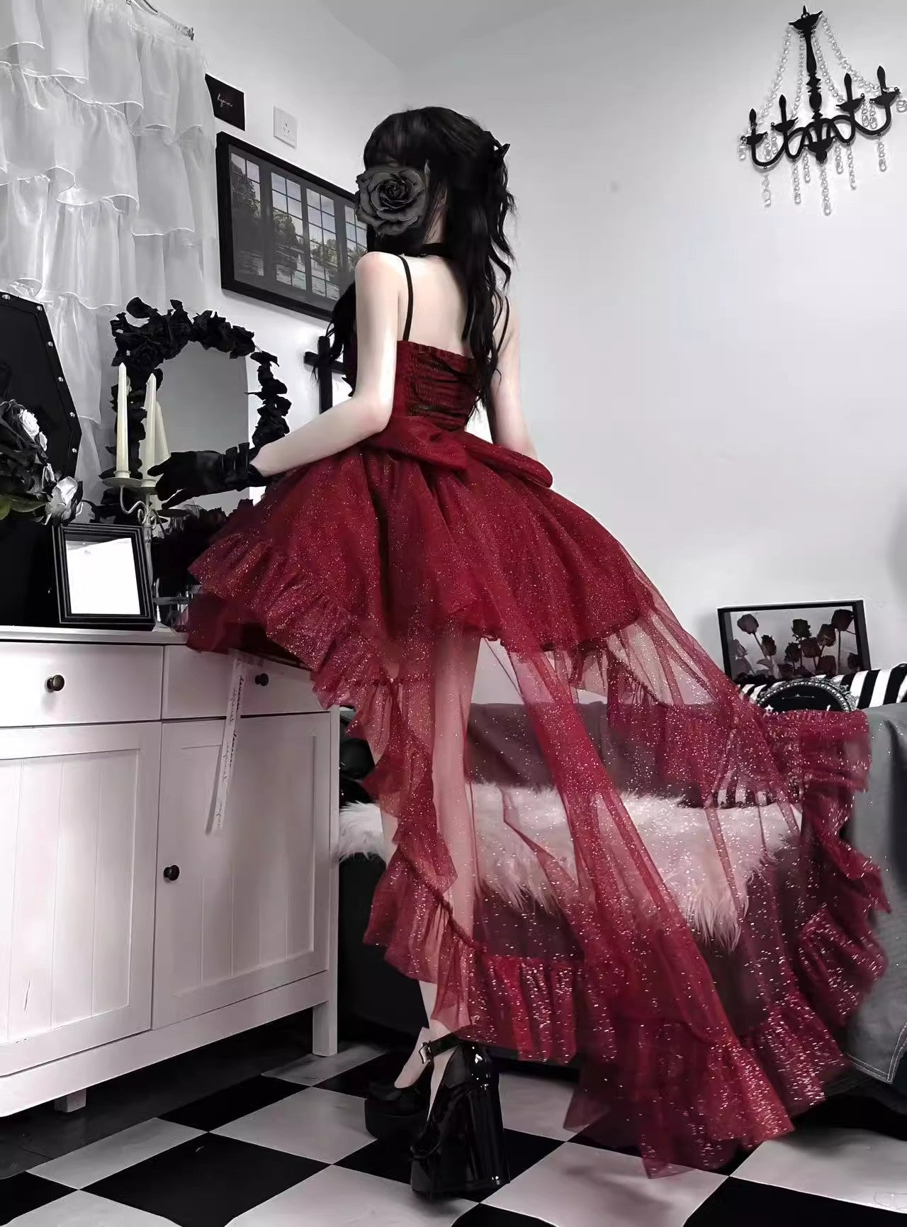 Vestido gótico de fiesta con tirantes finos en color burdeos, estilo gótico, para 8.º grado, de cóctel, para secundaria, estilo Hoco, lolita, DH1623