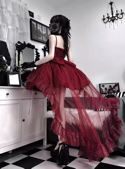 Vestido gótico de fiesta con tirantes finos en color burdeos, estilo gótico, para 8.º grado, de cóctel, para secundaria, estilo Hoco, lolita, DH1623