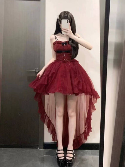 Vestido gótico de fiesta con tirantes finos en color burdeos, estilo gótico, para 8.º grado, de cóctel, para secundaria, estilo Hoco, lolita, DH1623