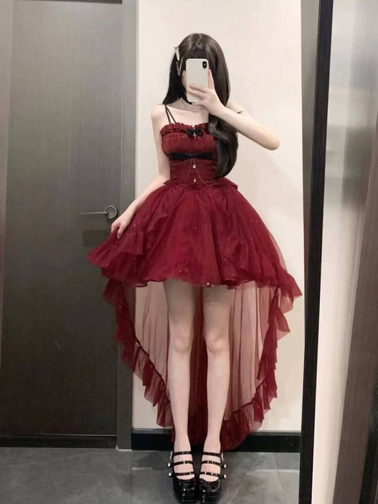 Vestido gótico de fiesta con tirantes finos en color burdeos, estilo gótico, para 8.º grado, de cóctel, para secundaria, estilo Hoco, lolita, DH1623