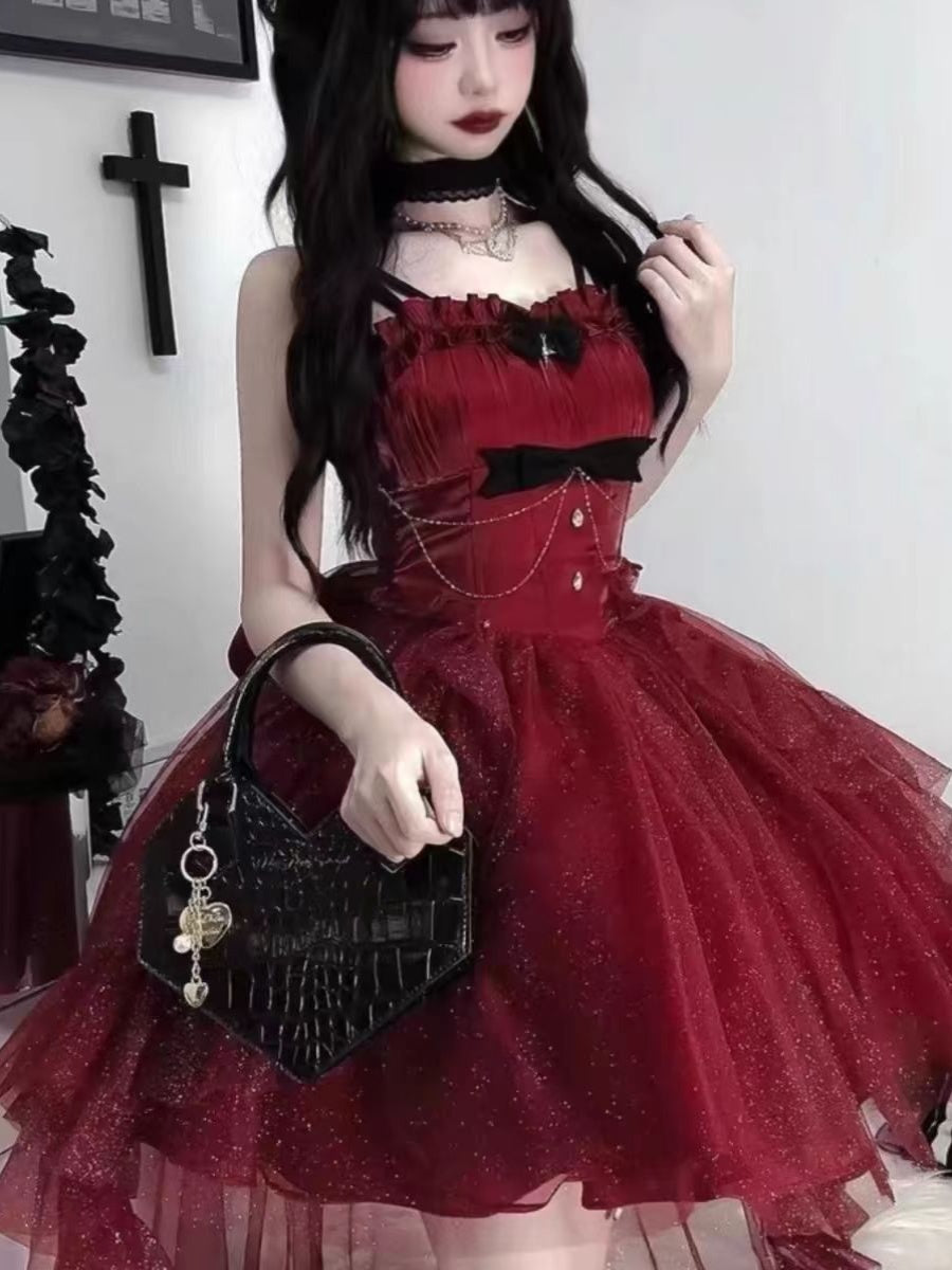 Vestido gótico de fiesta con tirantes finos color burdeos, corto, mini, formal, para octavo grado, vestido de lolita para secundaria, atuendos de cumpleaños, vestido lolita DH1627