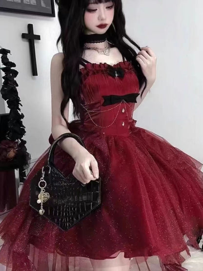 Vestido gótico de fiesta con tirantes finos color burdeos, corto, mini, formal, para octavo grado, vestido de lolita para secundaria, atuendos de cumpleaños, vestido lolita DH1627