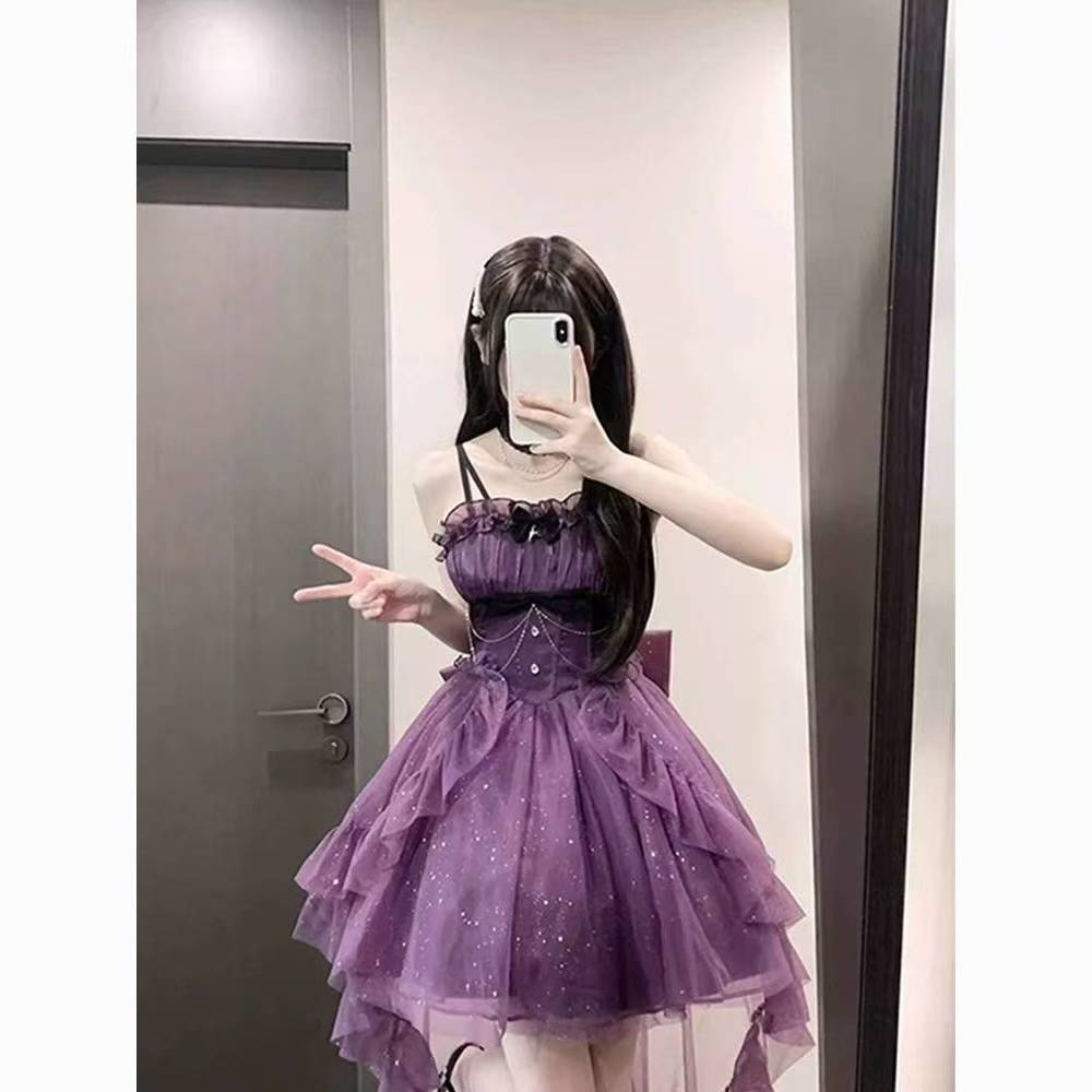 Vestido de fiesta con tirantes finos, estilo gótico, color uva, para 8.º grado, cóctel, escuela secundaria, estilo lolita, DH1628