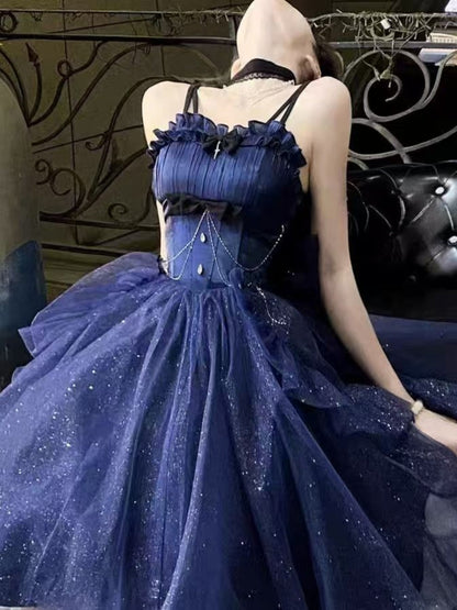Sweet Ball Gown Spaghetti Straps Tulle Navy Blue Gotica Formal 8th Grade Homecoming Dresses Middle School Lolita Dress Hoco Outfits Lolita Outfit DH1632