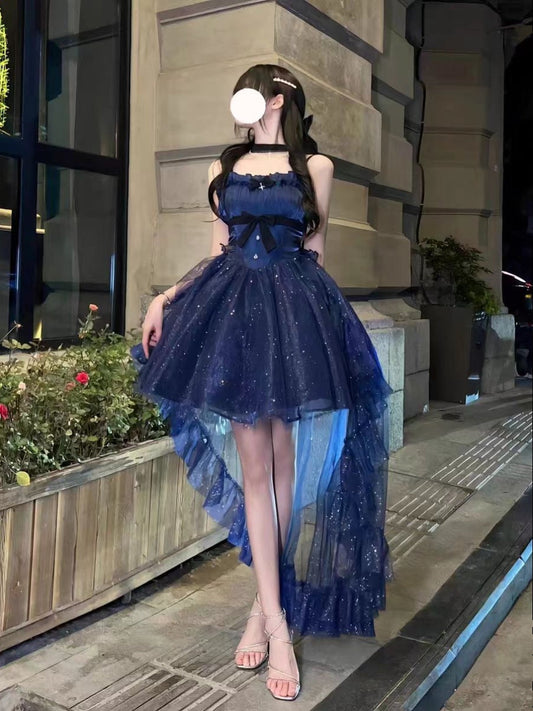 Sweet High Low Spaghetti Straps Tulle Navy Blue Gotica Formal 8th Grade Homecoming Dresses Middle School Lolita Dress Hoco Outfits Lolita Outfit DH1634