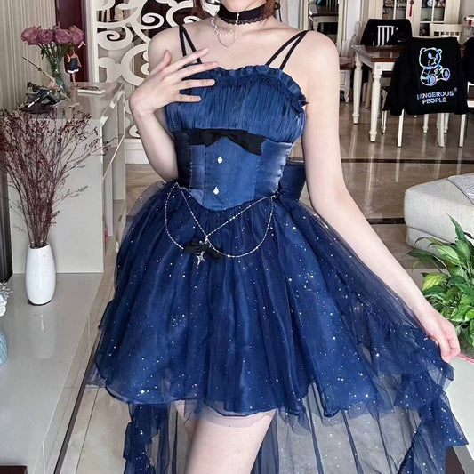 Sweet High Low Spaghetti Straps Tulle Navy Blue Gotica Formal 8th Grade Homecoming Dresses Middle School Lolita Dress Hoco Outfits Lolita Outfits DH1636