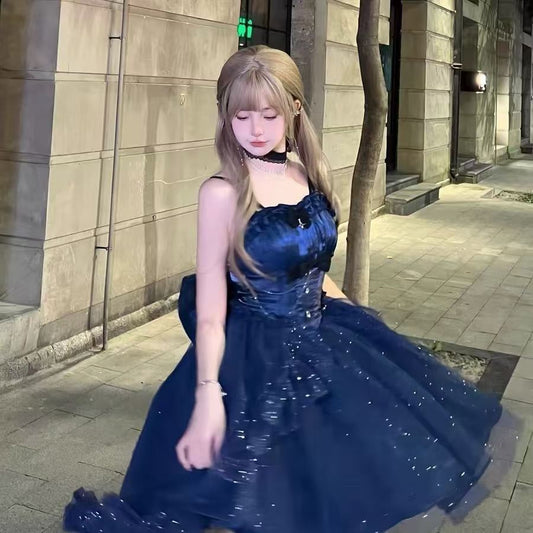 Sweet High Low Spaghetti Straps Tulle Navy Blue Gotica Formal 8th Grade Homecoming Dresses Middle School Lolita Dress Hoco Outfits Lolita Outfits DH1636