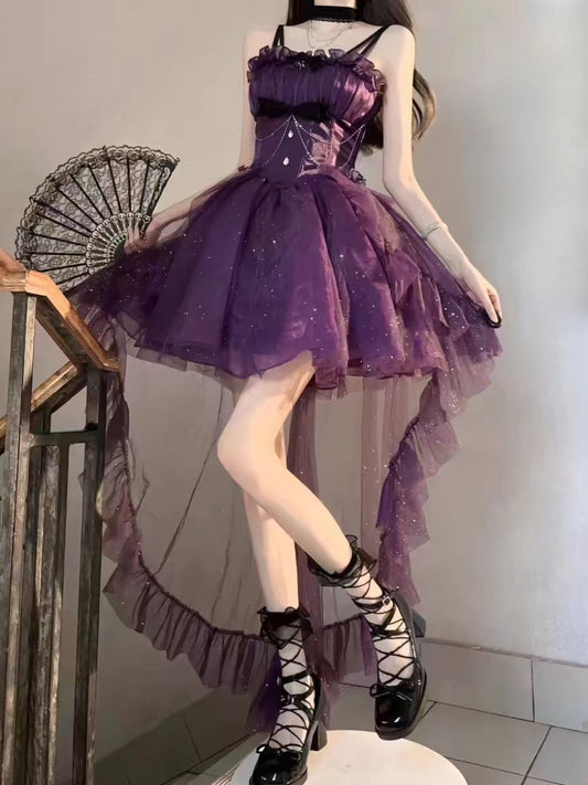Vestido gótico de fiesta con tirantes finos, color uva, corto, mini, formal, para octavo grado, cóctel, escuela secundaria, estilo Hoco, vestido Lolita DH1635