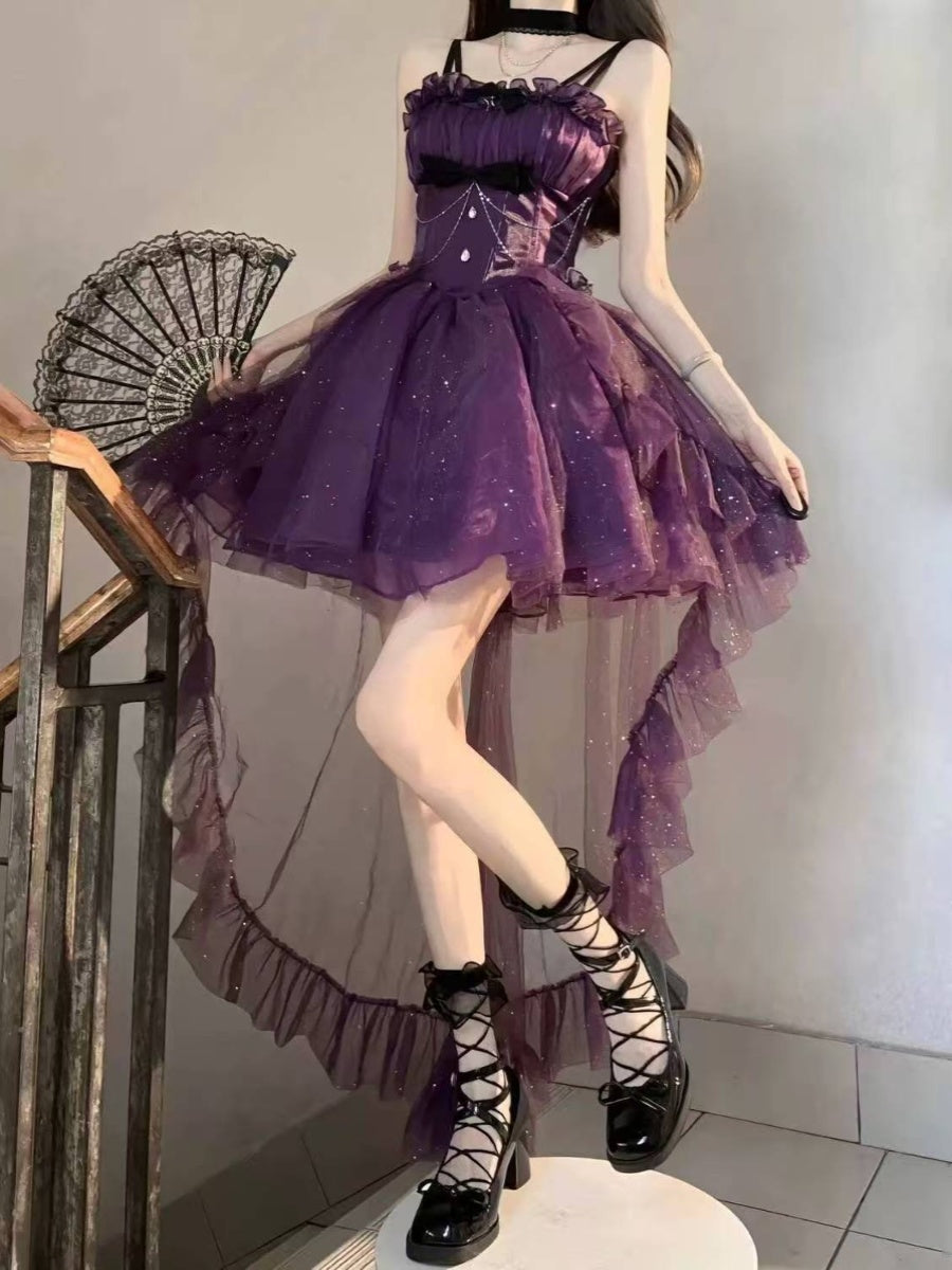 Vestido gótico de fiesta con tirantes finos, color uva, corto, mini, formal, para octavo grado, cóctel, escuela secundaria, estilo Hoco, vestido Lolita DH1635