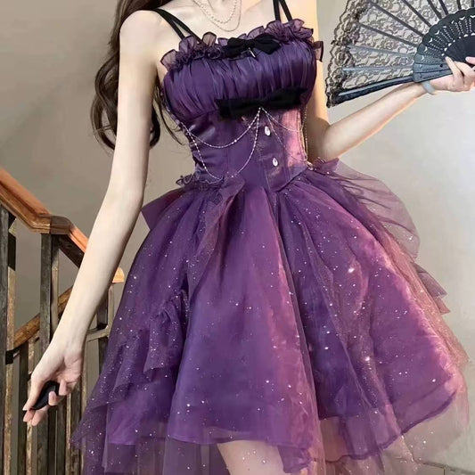 Vestido de fiesta gótico con tirantes finos, color uva, corto, mini, formal, para octavo grado, cóctel, escuela secundaria, estilo Hoco, vestido Lolita DH1641