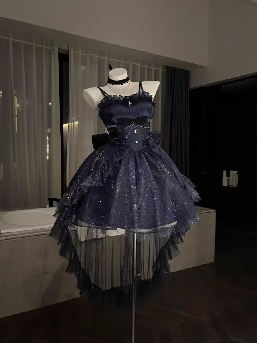 Sweet High Low Spaghetti Straps Tulle Navy Blue Gotica Formal 8th Grade Homecoming Dresses Middle School Lolita Dress Hoco Outfits Lolita Outfits DH1636
