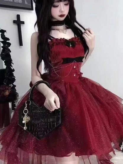 Vestido gótico de fiesta con tirantes finos color burdeos, corto, mini, formal, para octavo grado, vestido de lolita para secundaria, atuendos de cumpleaños, atuendo lolita DH1637