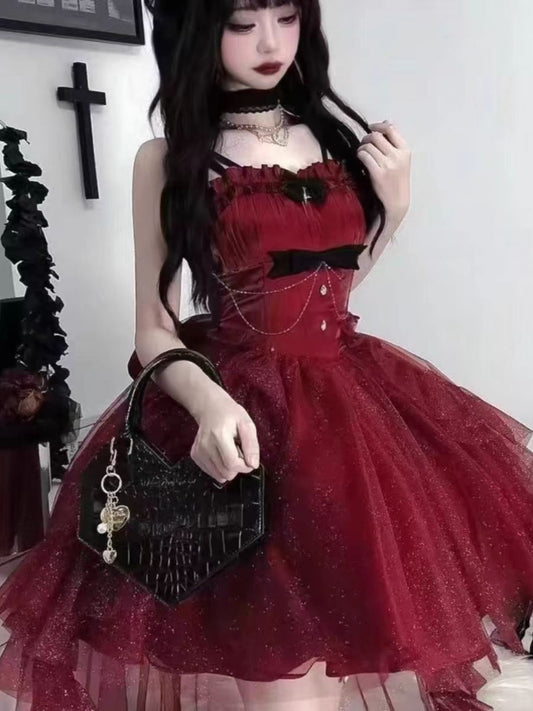 Vestido gótico de fiesta con tirantes finos color burdeos, corto, mini, formal, para octavo grado, vestido de lolita para secundaria, atuendos de cumpleaños, atuendo lolita DH1637