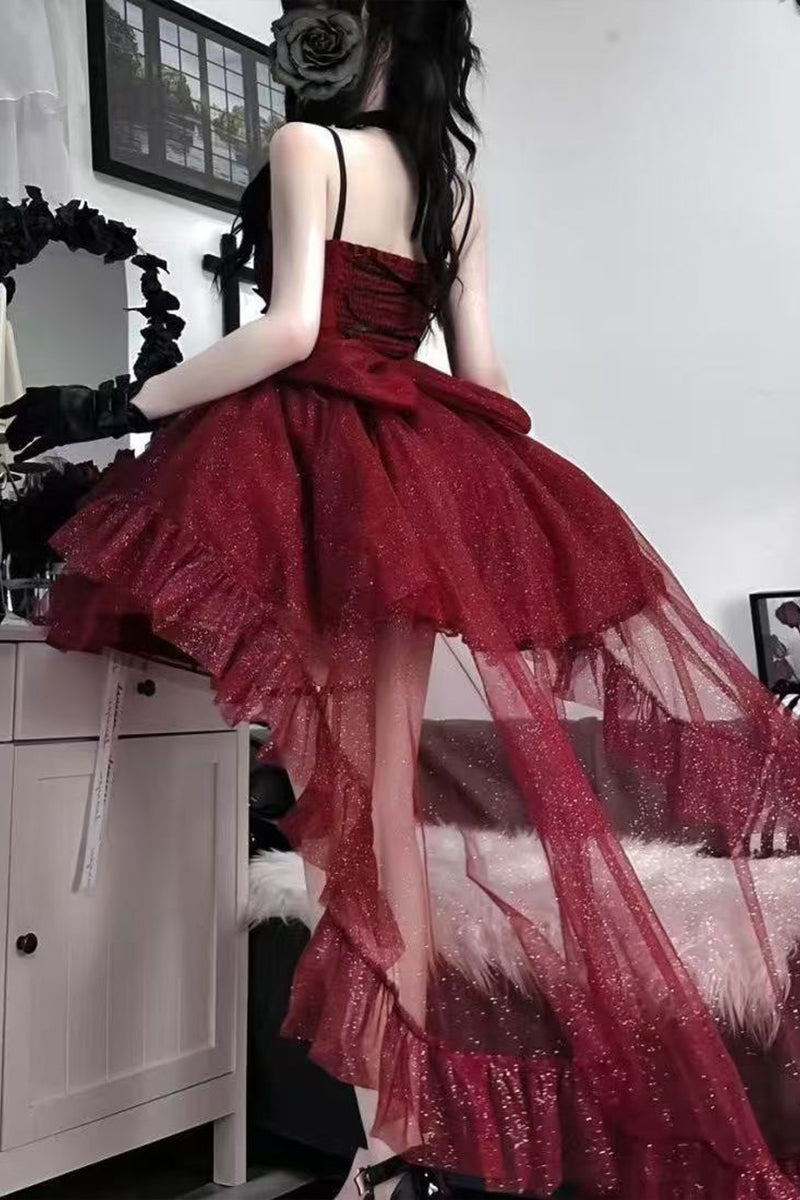 Vestido gótico de fiesta con tirantes finos color burdeos, corto, mini, formal, para octavo grado, vestido de lolita para secundaria, atuendos de cumpleaños, atuendo lolita DH1637