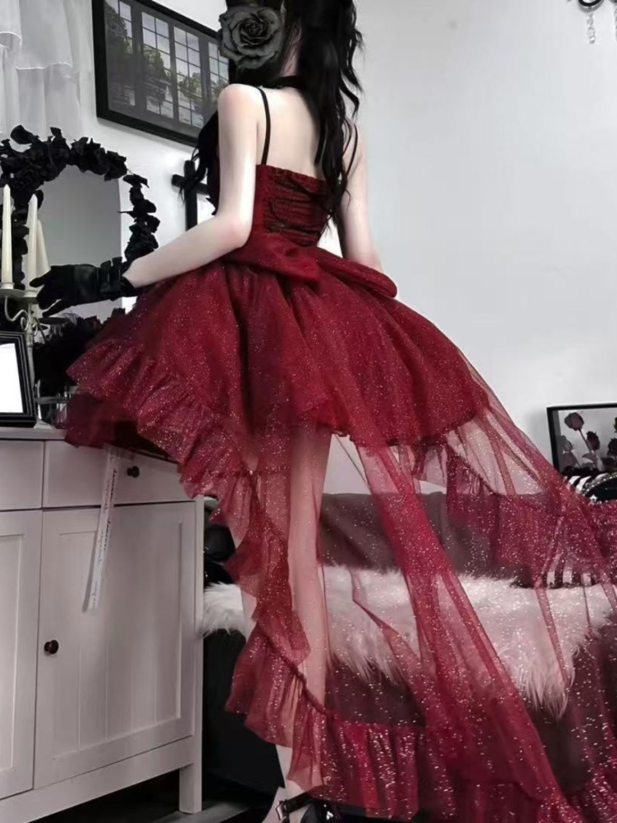 Vestido gótico de fiesta con tirantes finos color burdeos, corto, mini, formal, para octavo grado, vestido de lolita para secundaria, atuendos de cumpleaños, atuendo lolita DH1637