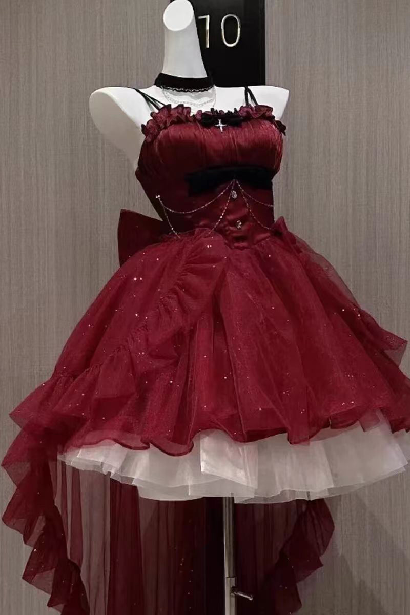 Vestido gótico de fiesta con tirantes finos color burdeos, corto, mini, formal, para octavo grado, vestido de lolita para secundaria, atuendos de cumpleaños, atuendo lolita DH1637