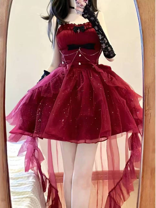 Vestido gótico de fiesta con tirantes finos color burdeos, corto, mini, formal, para octavo grado, vestido de lolita para secundaria, atuendos de cumpleaños, atuendo lolita DH1639