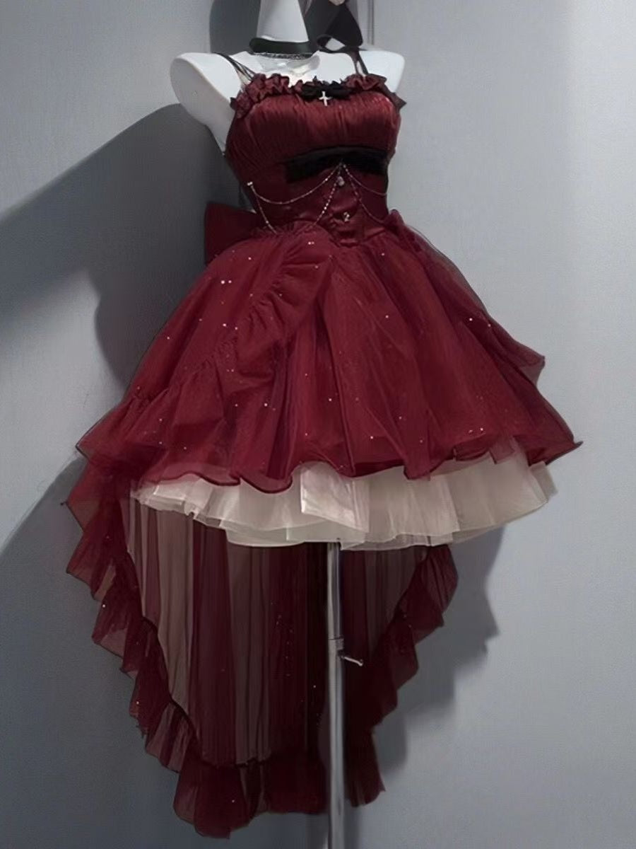 Vestido gótico de fiesta con tirantes finos color burdeos, corto, mini, formal, para octavo grado, vestido de lolita para secundaria, atuendos de cumpleaños, atuendo lolita DH1639