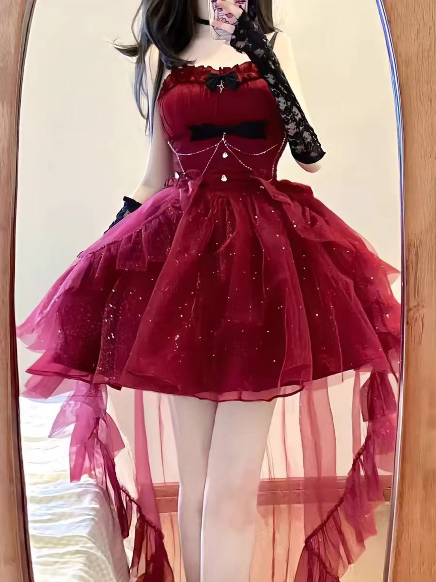 Vestido gótico de fiesta con tirantes finos color burdeos, corto, mini, formal, para octavo grado, vestido de lolita para secundaria, atuendos de cumpleaños, atuendo lolita DH1639