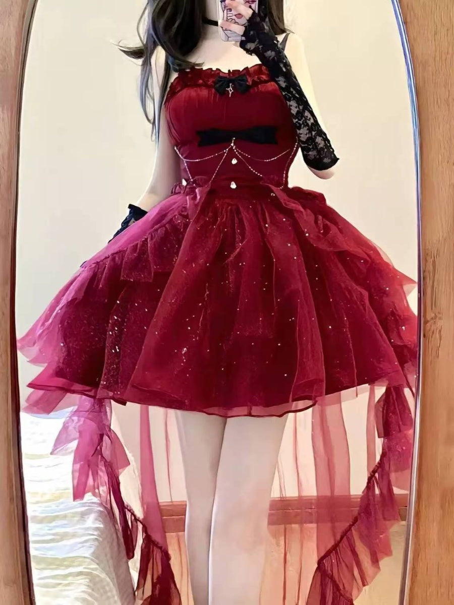 Vestido gótico de fiesta con tirantes finos, color burdeos, corto, mini corsé, espalda formal, para octavo grado, vestido de lolita para secundaria, atuendos de cumpleaños, atuendo de lolita DH1640