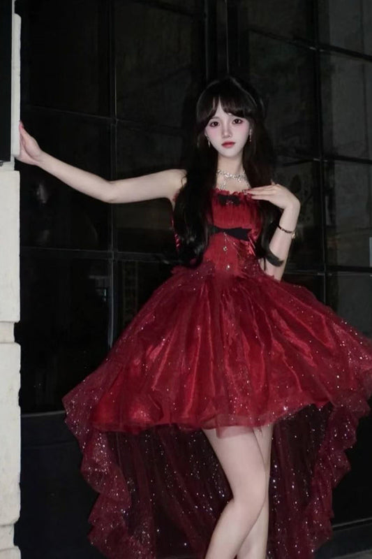 Vestido gótico de fiesta con tirantes finos, color burdeos, corto, mini corsé, espalda formal, para octavo grado, vestido de lolita para secundaria, atuendos de cumpleaños, atuendo de lolita DH1640