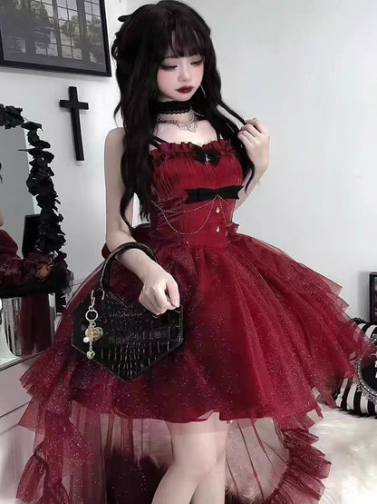 Vestido gótico de fiesta con tirantes finos, color burdeos, corto, mini corsé, espalda formal, para octavo grado, vestido de lolita para secundaria, atuendos de cumpleaños, atuendo de lolita DH1640