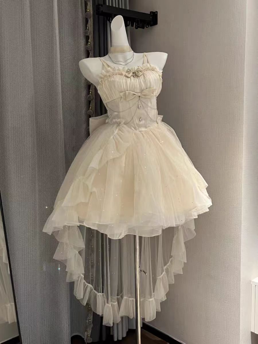 Vestido gótico de fiesta con tirantes finos color marfil, vestido formal de 8.º grado para regreso a casa, vestido de lolita para secundaria, vestido de cumpleaños, atuendos de lolita DH1642