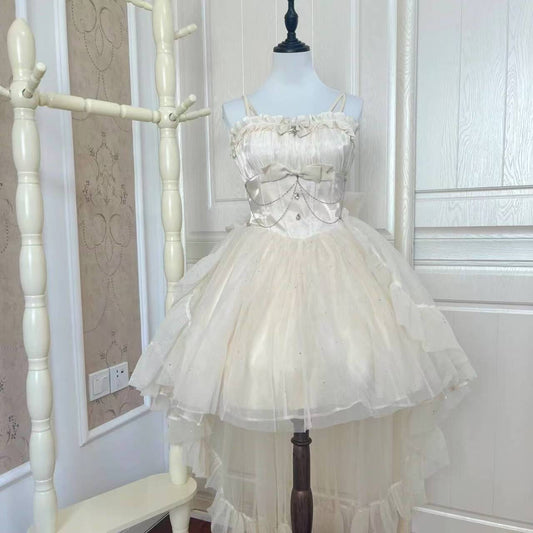Vestido de fiesta con tirantes finos color marfil para 8.º grado, vestido de fiesta de lolita para secundaria, vestido de cumpleaños, atuendos de lolita DH1645
