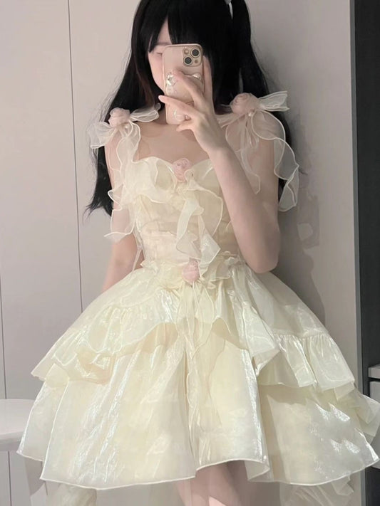 Vestido de fiesta con tirantes finos de tul color marfil para octavo grado, vestido de fiesta de graduación, vestido de lolita para secundaria, vestido de cumpleaños, atuendos de lolita DH1648