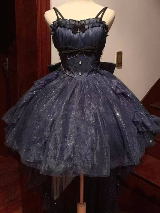 Sweet French Style Ladies Fairy Spaghetti Straps Tulle Navy Blue Gotica Formal 8th Grade Homecoming Dresses Middle School Lolita Dress Hoco Outfits Lolita Outfits DH1650