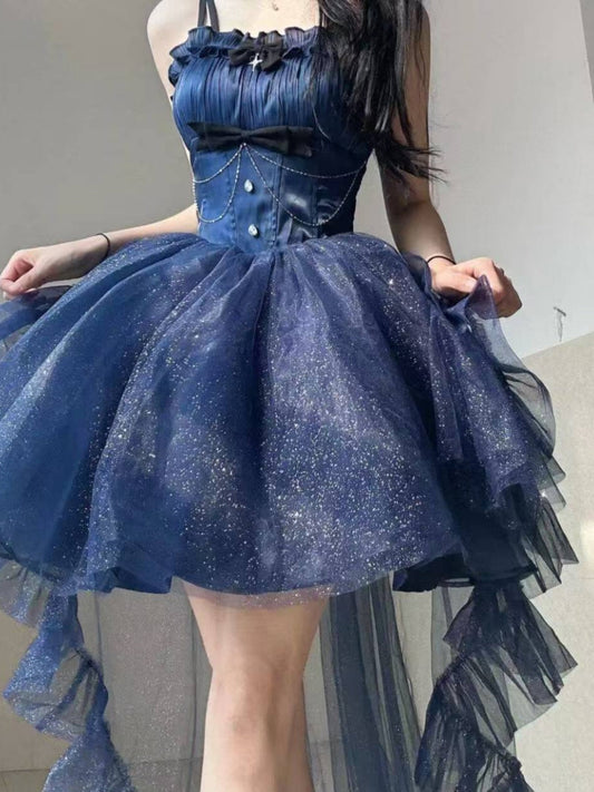 Cute French Style Ladies Fairy Spaghetti Straps Tulle Navy Blue Gotica Formal 8th Grade Homecoming Dresses Middle School Lolita Dress Hoco Outfits Lolita Outfits DH1651