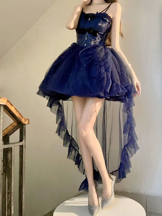 Cute French Style Ladies Fairy High Low Spaghetti Straps Tulle Navy Blue Gotica Formal 8th Grade Homecoming Dresses Lolita Dress Hoco Outfits Lolita Outfits DH1652