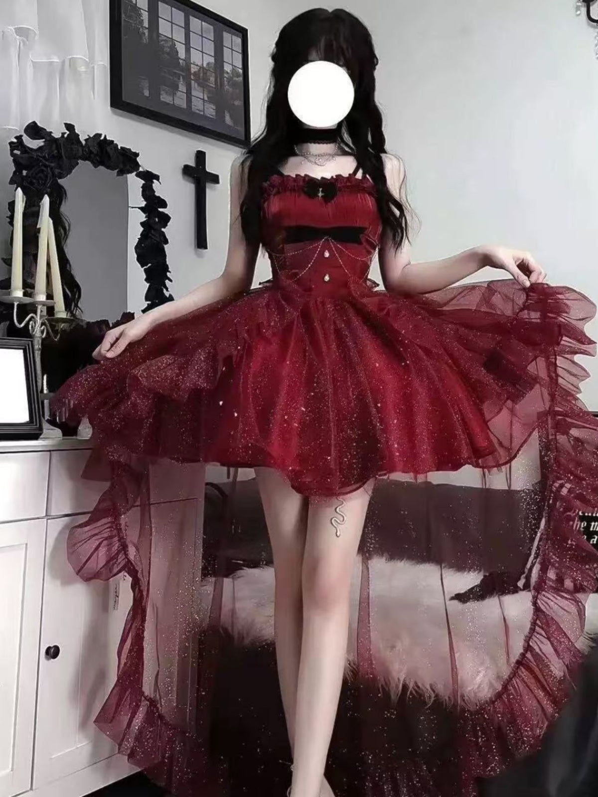 Vestido gótico de fiesta con tirantes finos, color burdeos, corto, mini corsé, espalda formal, para octavo grado, vestido de lolita para secundaria, atuendos para 18.º cumpleaños, atuendo de lolita DH1653