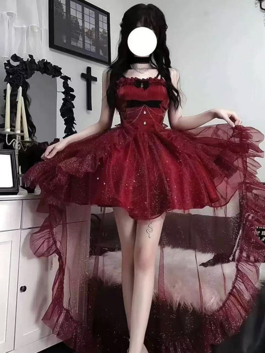 Vestido gótico de fiesta con tirantes finos, color burdeos, corto, mini corsé, espalda formal, para octavo grado, vestido de lolita para secundaria, atuendos para 18.º cumpleaños, atuendo de lolita DH1653