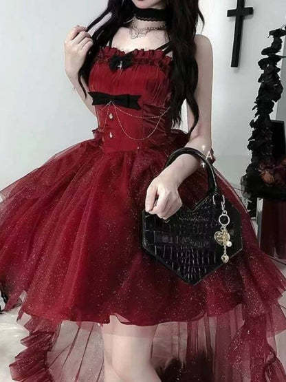 Vestido gótico de fiesta con tirantes finos, color burdeos, corto, mini corsé, espalda formal, para octavo grado, vestido de lolita para secundaria, atuendos para 18.º cumpleaños, atuendo de lolita DH1653