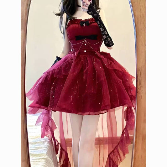 Vestido gótico de fiesta con tirantes finos, color burdeos, corto, mini corsé, espalda formal, para octavo grado, vestido de lolita para secundaria, atuendos para 18.º cumpleaños, atuendo de lolita DH1653