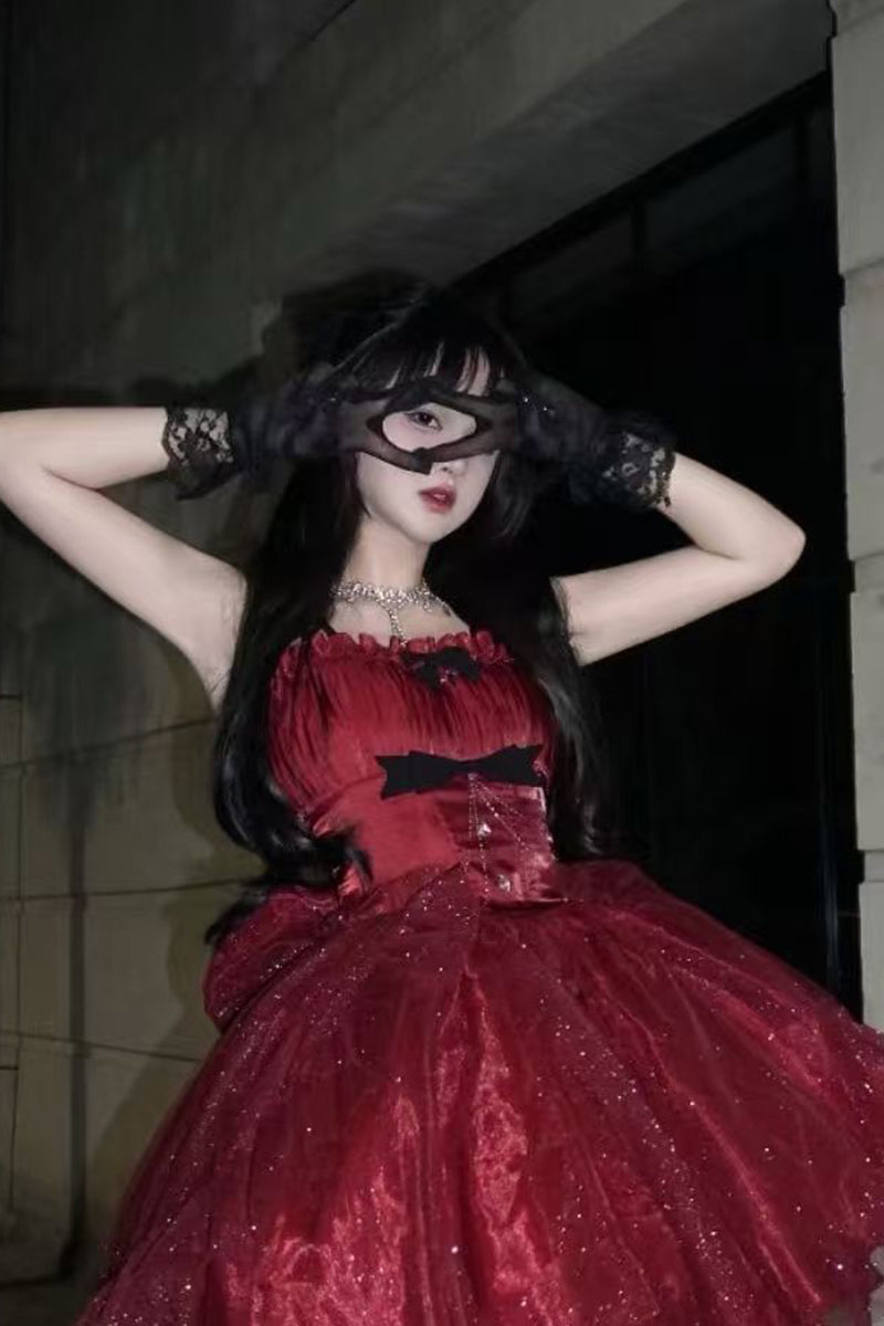 Vestido gótico de fiesta con tirantes finos, color burdeos, corto, mini corsé, espalda formal, para octavo grado, vestido de lolita para secundaria, atuendos para 18.º cumpleaños, atuendo de lolita DH1653