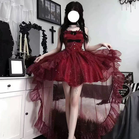 Vestido gótico de fiesta con tirantes finos, color burdeos, corto, mini corsé, espalda formal, para octavo grado, vestido de lolita para secundaria, atuendos para 18 cumpleaños, atuendo de lolita DH1654