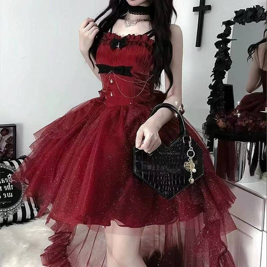 Vestido gótico de fiesta con tirantes finos, color burdeos, corto, mini corsé, espalda formal, para octavo grado, vestido de lolita para secundaria, atuendos para 18 cumpleaños, atuendo de lolita DH1655