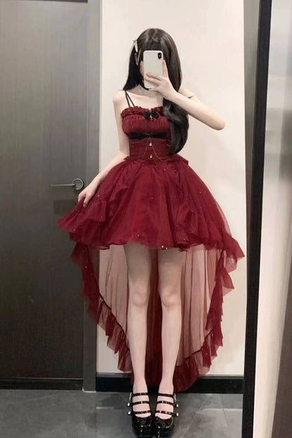 Vestido gótico de fiesta con tirantes finos, color burdeos, corto, mini corsé, espalda formal, para octavo grado, vestido de lolita para secundaria, atuendos para 18 cumpleaños, atuendo de lolita DH1655