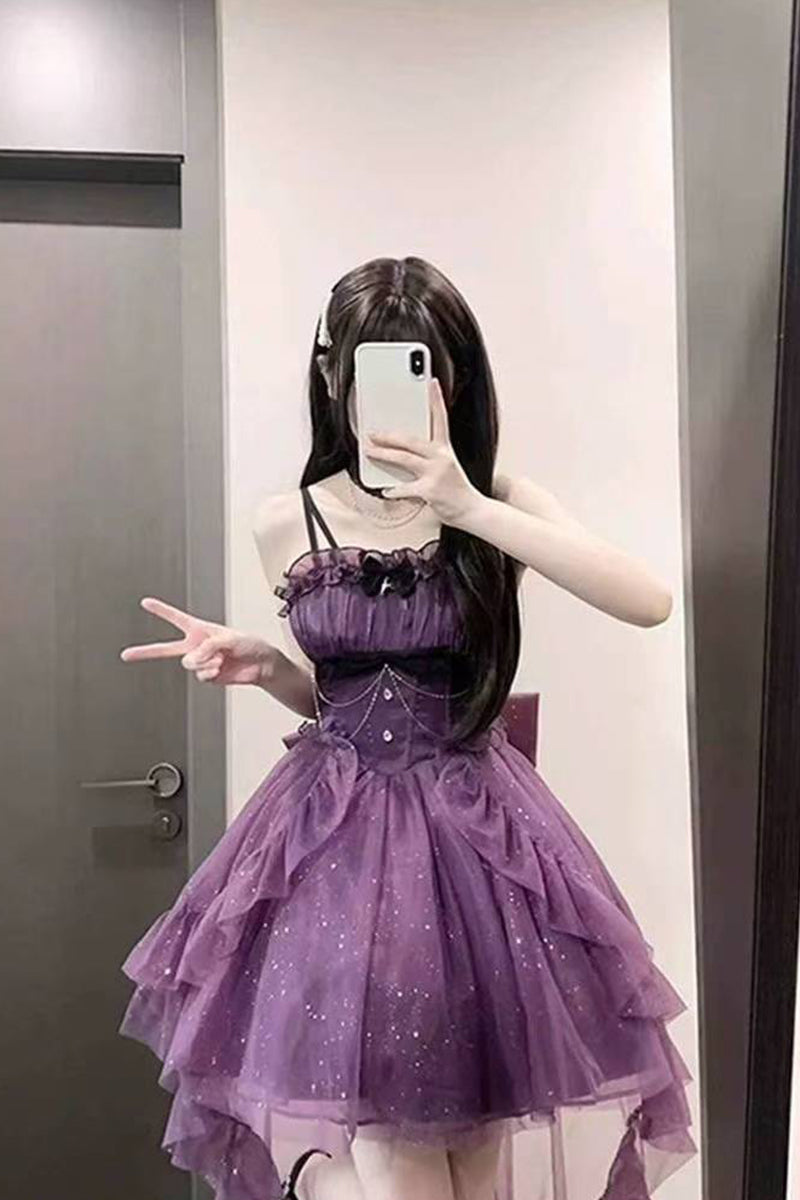 Vestido gótico de fiesta con tirantes finos, morado, corto, mini, formal, para octavo grado, cóctel, escuela secundaria, estilo Hoco, vestido Lolita DH1656