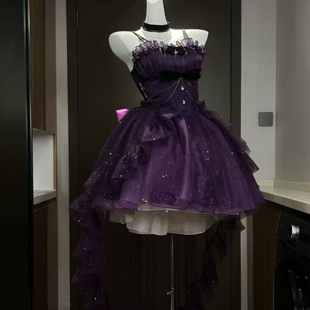 Vestido gótico de fiesta con tirantes finos, morado, corto, mini, formal, para octavo grado, cóctel, escuela secundaria, estilo Hoco, vestido Lolita DH1656
