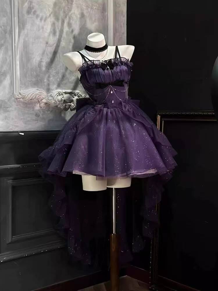 Vestido gótico de fiesta con tirantes finos, morado, corto, mini, formal, para octavo grado, cóctel, escuela secundaria, estilo Hoco, vestido Lolita DH1656