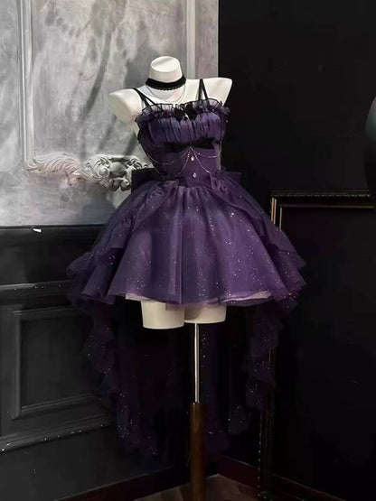 Vestido gótico de fiesta con tirantes finos, morado, corto, mini, formal, para octavo grado, cóctel, escuela secundaria, estilo Hoco, vestido Lolita DH1656