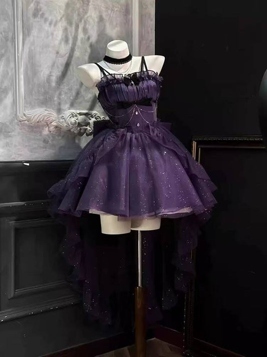 Vestido gótico de fiesta con tirantes finos, morado, corto, mini, formal, para octavo grado, cóctel, escuela secundaria, estilo Hoco, vestido Lolita DH1656