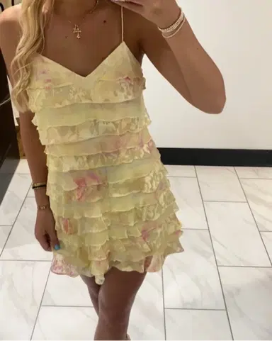 Vestido corto de gasa con estampado floral amarillo, corte A, tirantes finos, para fiesta de 8.º grado, semiformal, para escuela secundaria, cóctel, DH1663