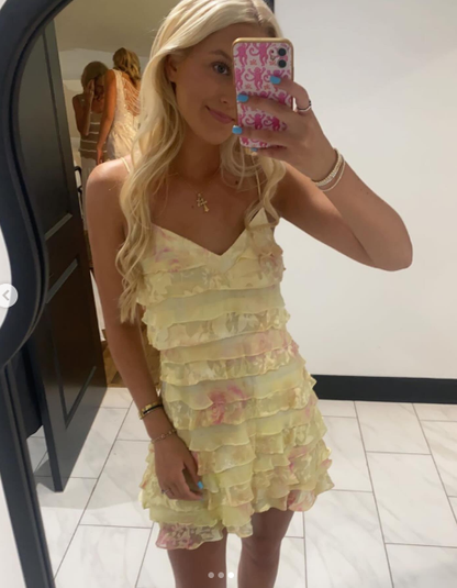 Vestido corto de gasa con estampado floral amarillo, corte A, tirantes finos, para fiesta de 8.º grado, semiformal, para escuela secundaria, cóctel, DH1663